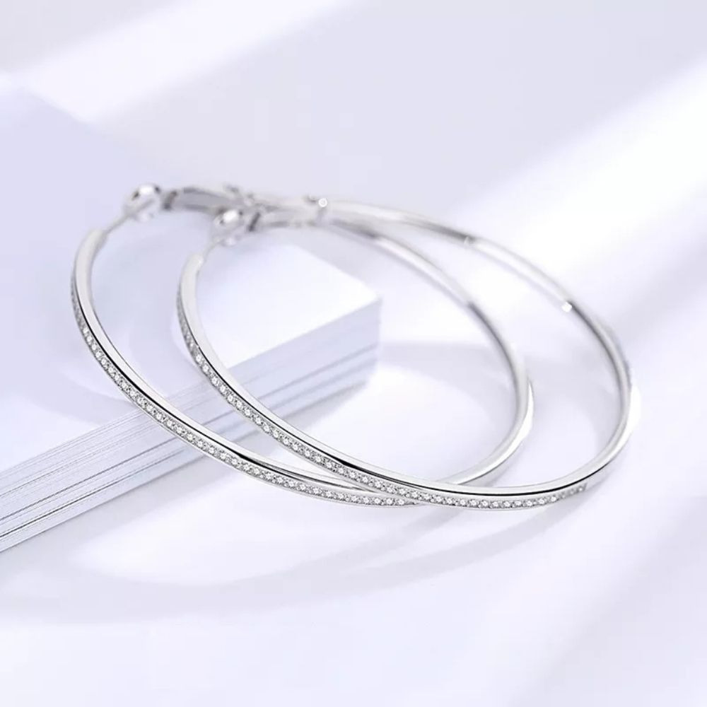925 Sterling Silver White Gold Color Rhinestone Hoop Earrings